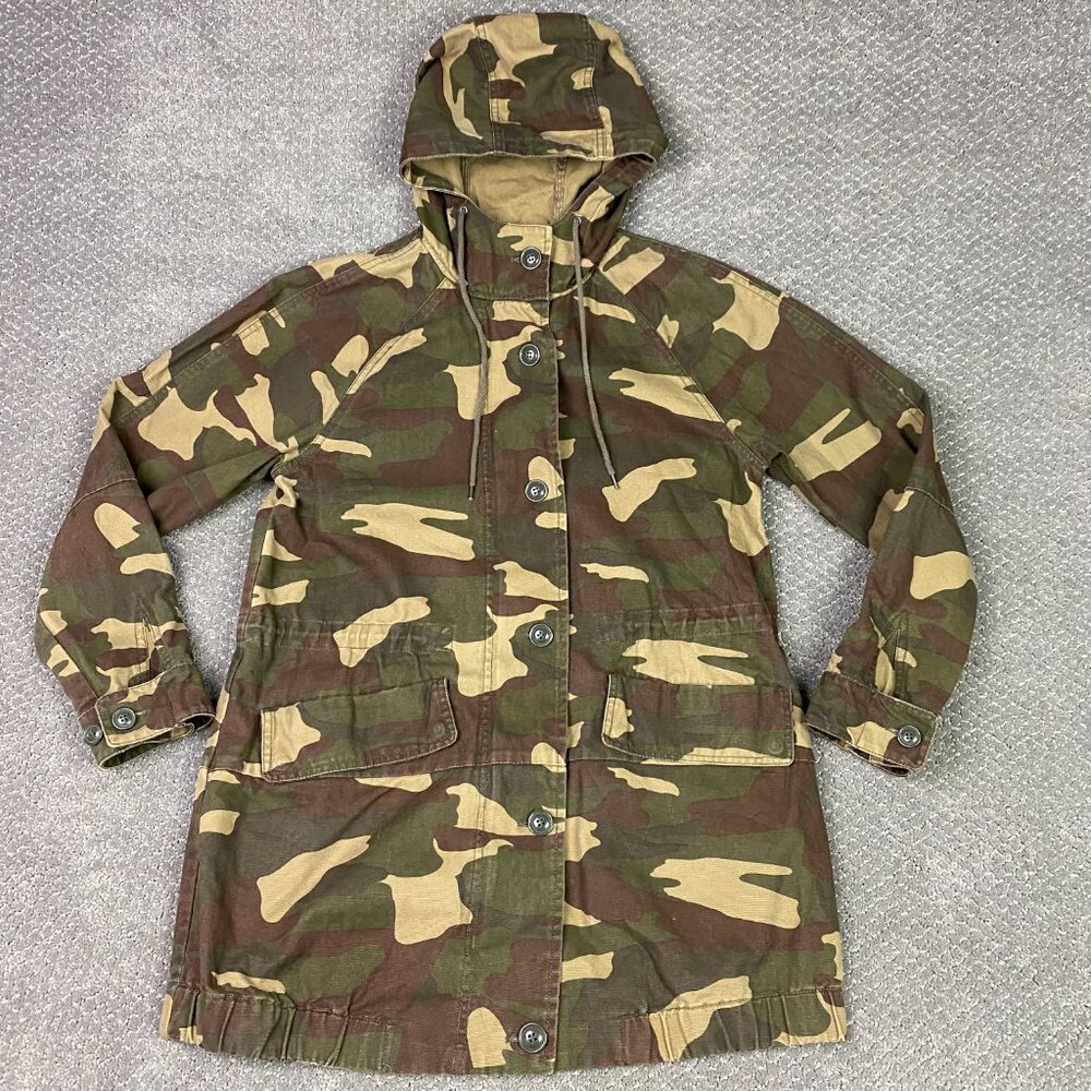 Levi's Camo Jacket Women's Medium Long Hooded Canvas Bubble Camouflage Anorak